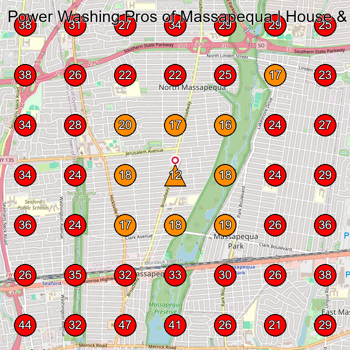 Power Washing Pros of Massapequa | House & Roof Washing GeoGrid visibility map for Pressure Washing Service in Massapequa Park